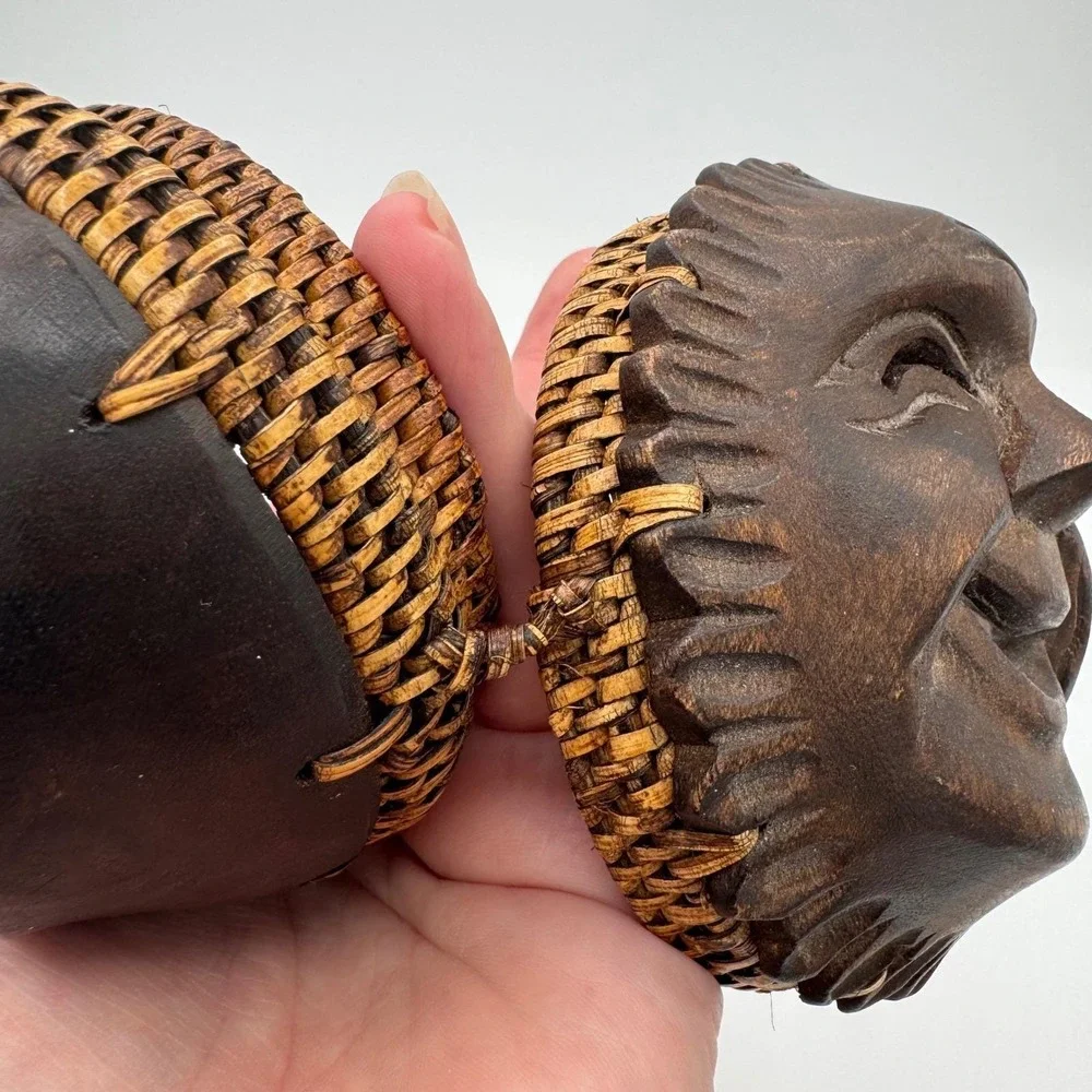 Vintage Hand Carved Wood Sun Face Trinket Box Woven Wicker Philippines Boho